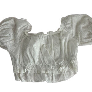 BOTIQUE Tie Detailing Puff Sleeve Blouse Eyelet Women's White Crop-top Medium